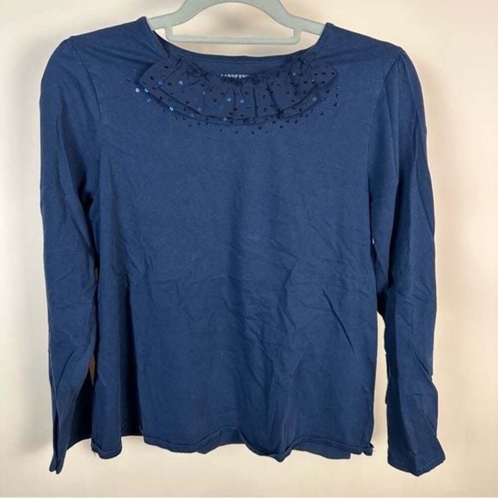Lands’ End Girl’s 100% Cotton Top with Sequins, Navy Blue, Size XL 16+